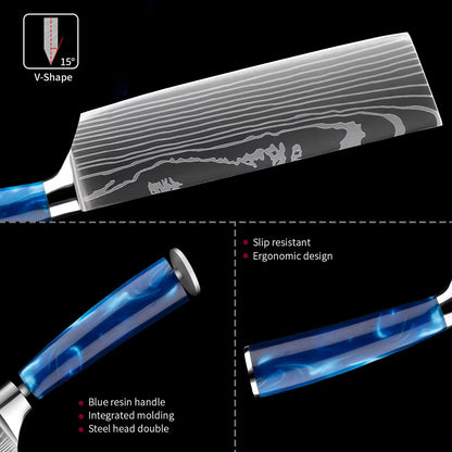Japanese Kitchen Knife Set with Blue Resin Handle