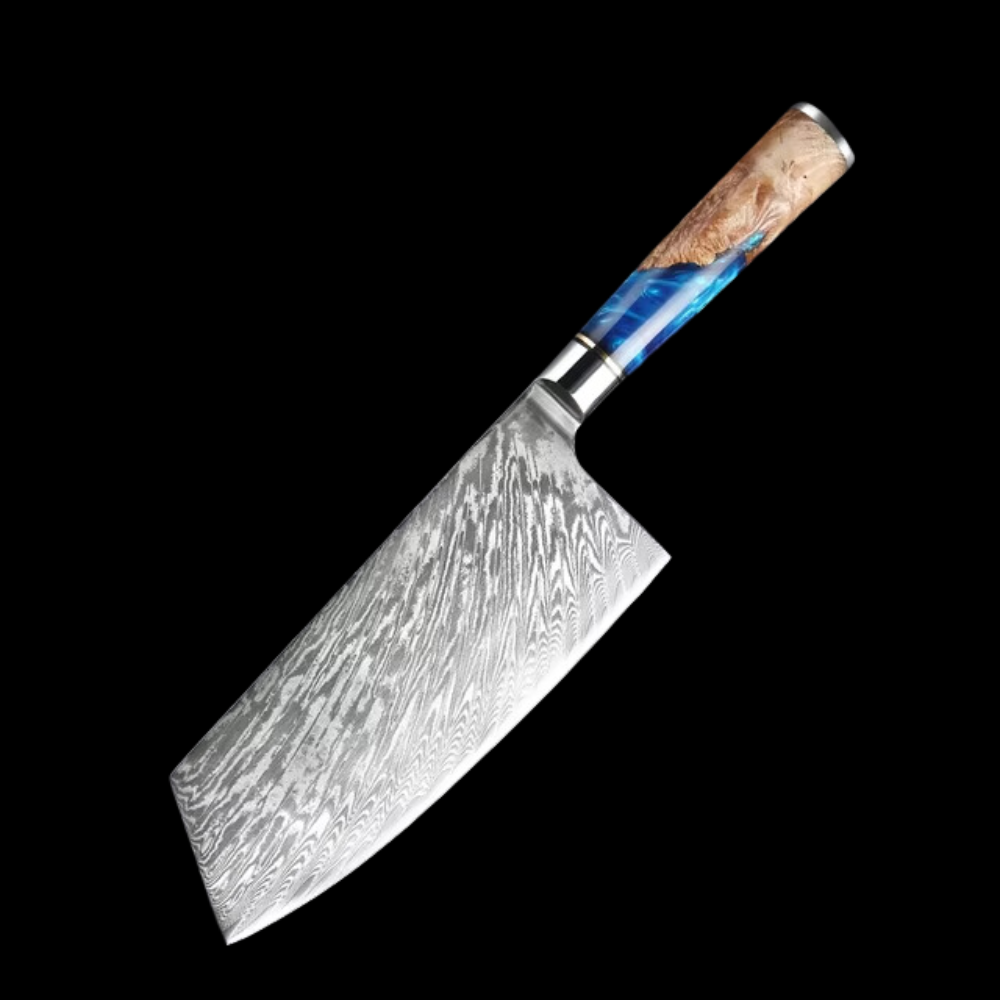 Japanese Damascus Steel Knife Set with Blue Resin Handle