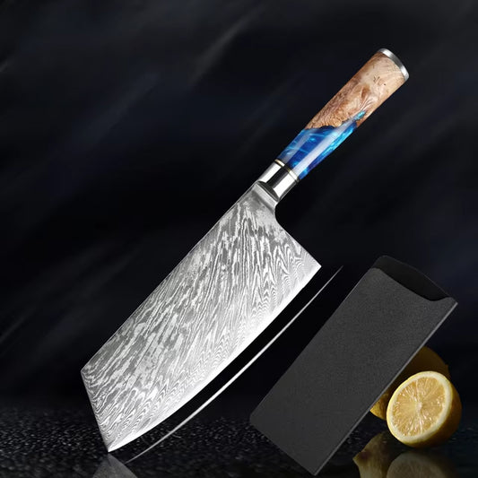 Damascus Steel Cleaver Knife with Blue Resin Handle