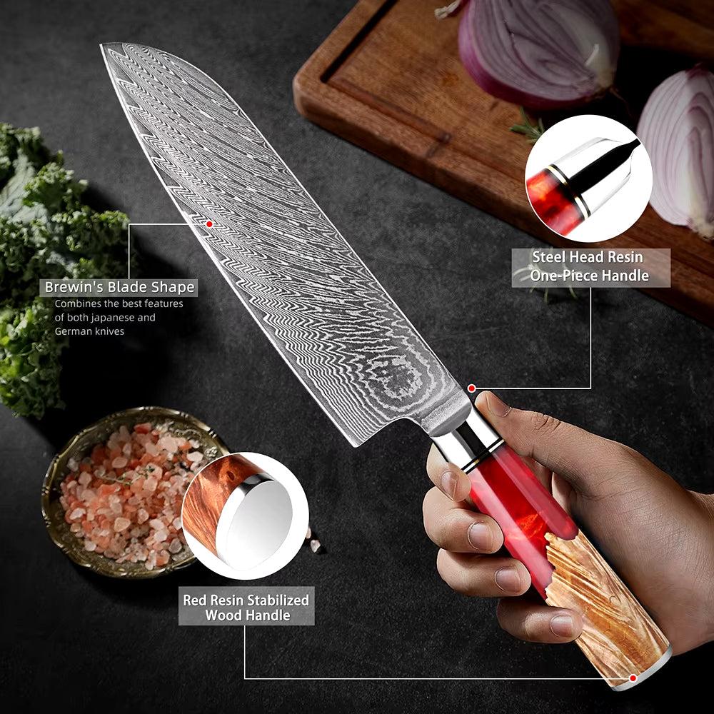 Damascus Steel Santoku Knife with Red Resin handle