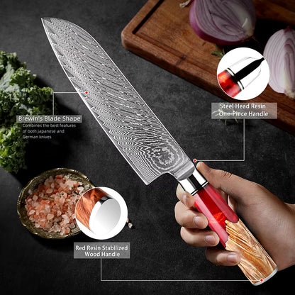 Damascus Steel Santoku Knife with Red Resin handle
