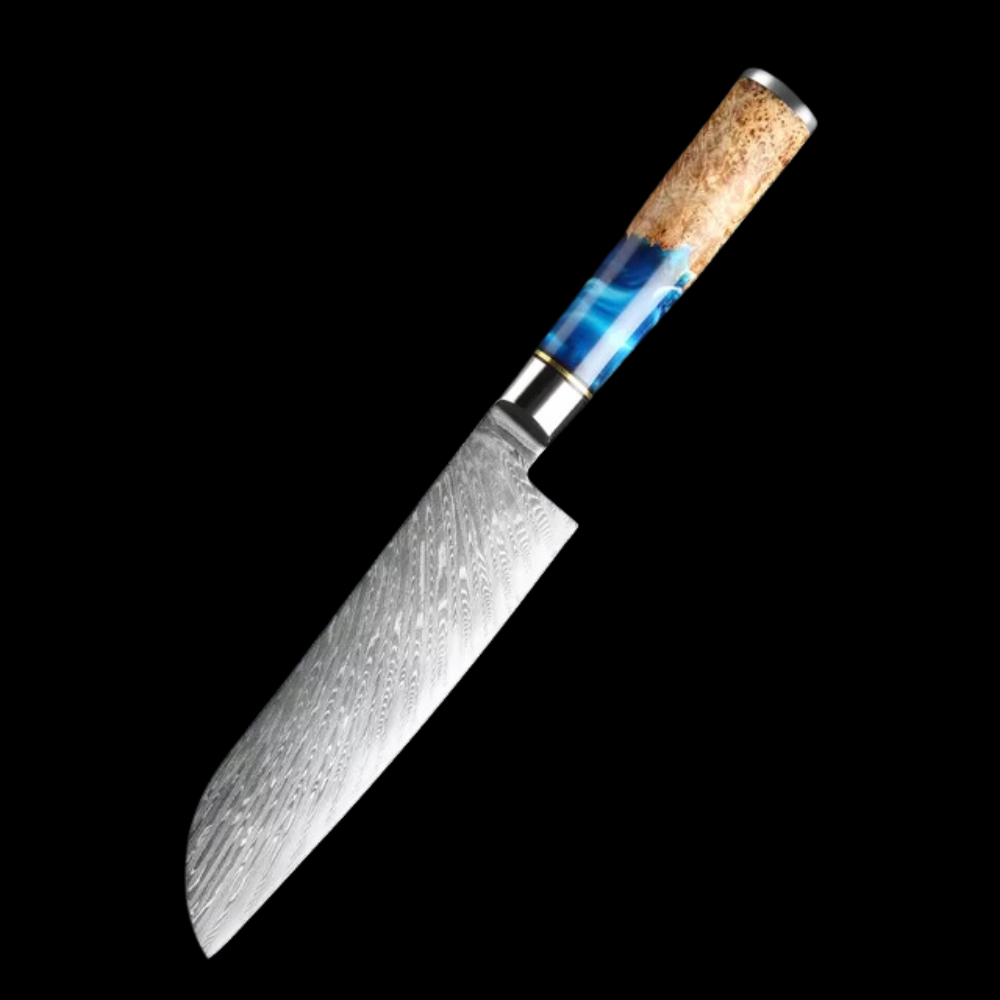 Japanese Damascus Steel Knife Set with Blue Resin Handle