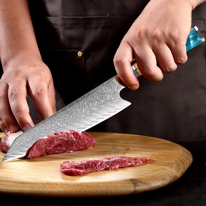 Damascus Steel Kiritsuke Chef's Knife with Blue Resin Handle