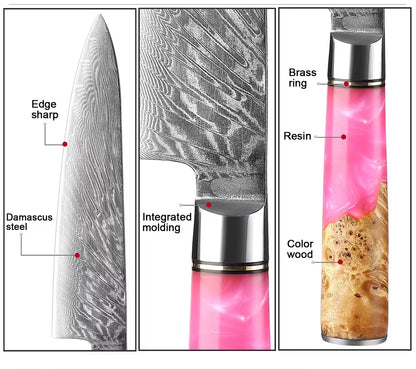 Damascus Japanese Chef Knife - Pink Resin Wood Handle