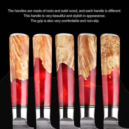 Damascus Steel Santoku Knife with Red Resin handle