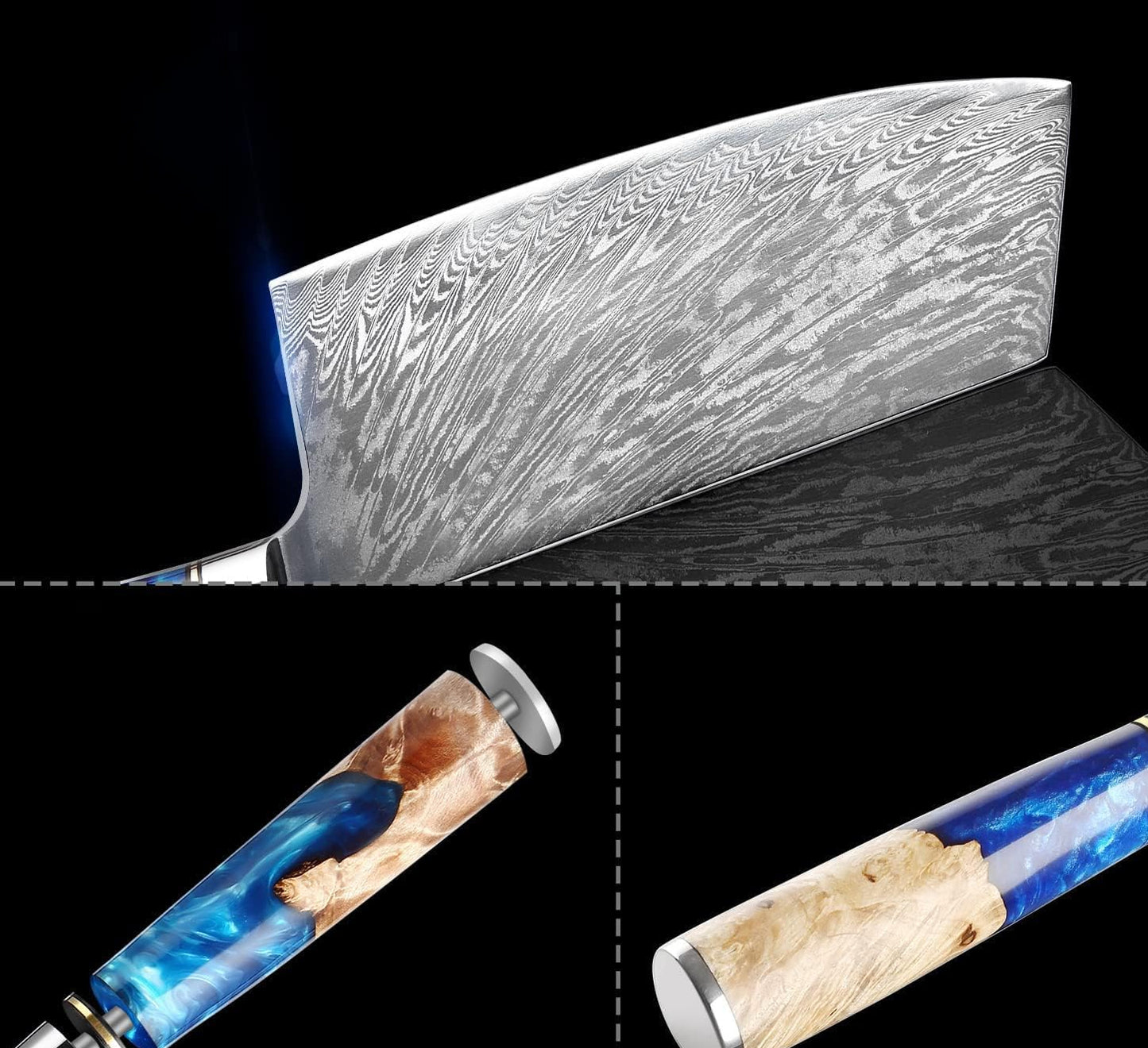 Damascus Steel Cleaver Knife with Blue Resin Handle